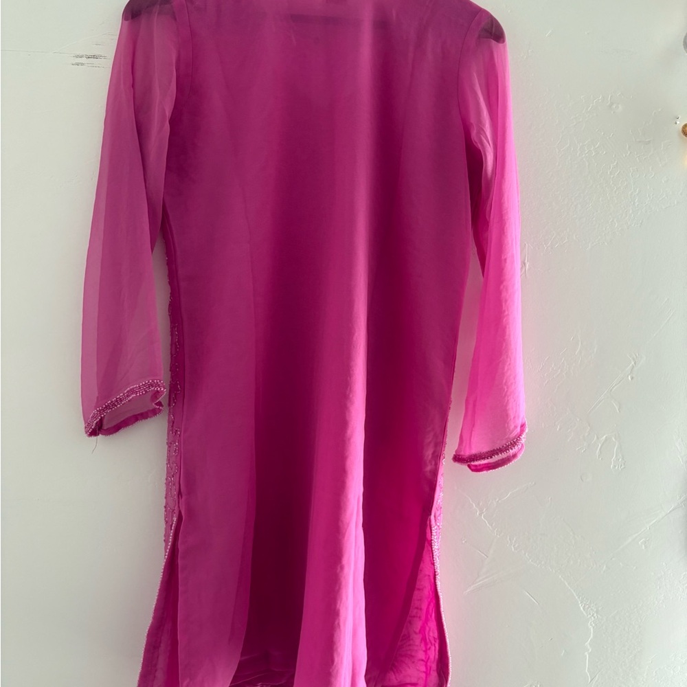 Hand stitched Pink Beaded Sheer Sleeve kurti size 40 | pink kurta party wear - Picture 4 of 7